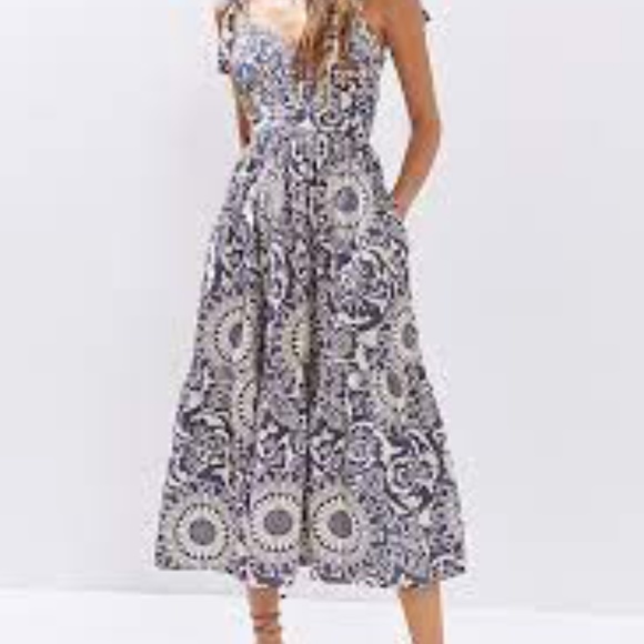 ANTHROPOLOGIE FOREVER THAT GIRL BLUE NAVY FLOUNCE  MIDI SUMMER DRESS SMALL S - Picture 1 of 4